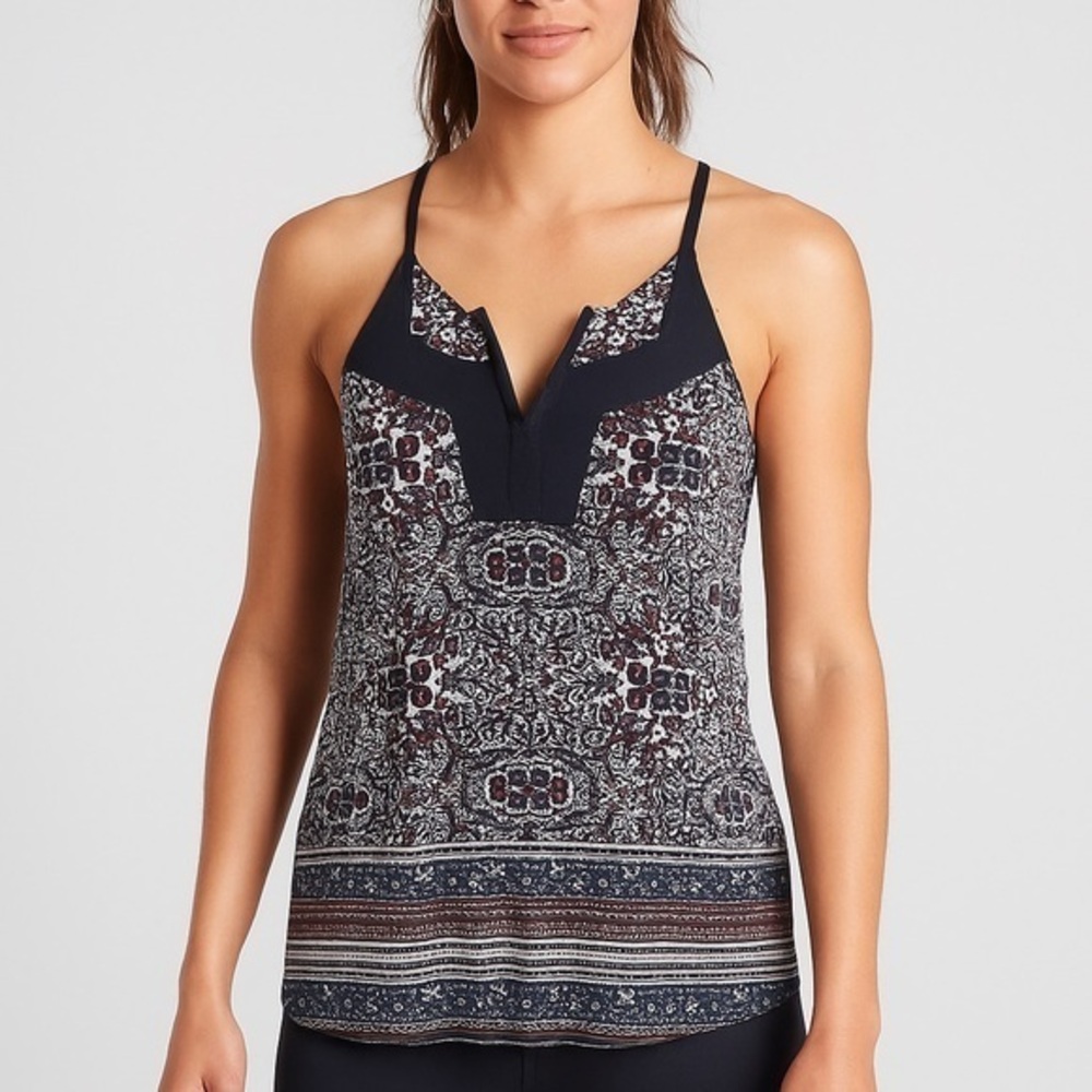 ATHLETA “Dunes” Suspended Split Neck Tie Back Navy / Multi Print Tank Top L